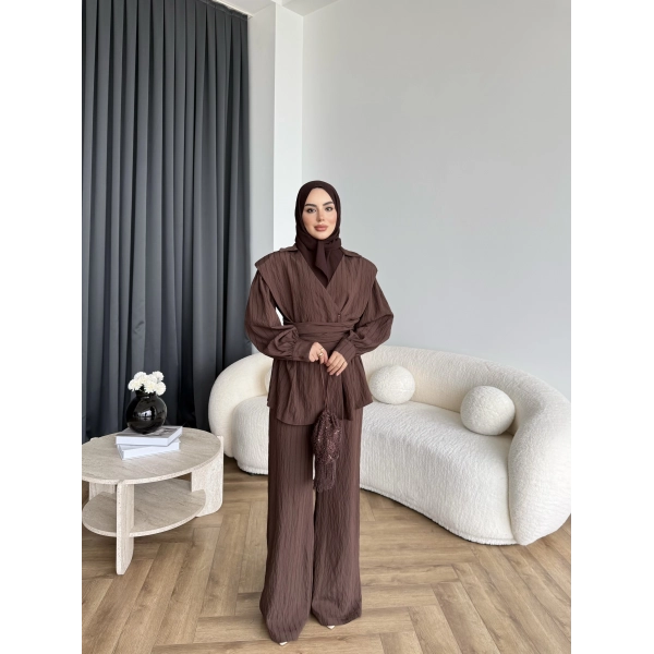 Duq - Gofre Çizgili Takım - Kahve