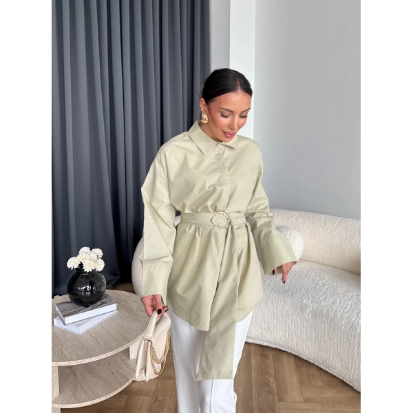 Hen - Noble Kuşaklı Gömlek - Fıstık Yeşili