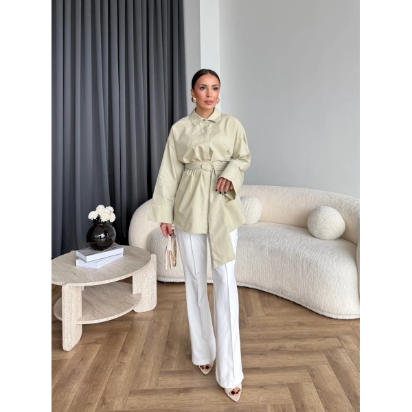 Hen - Noble Kuşaklı Gömlek - Fıstık Yeşili