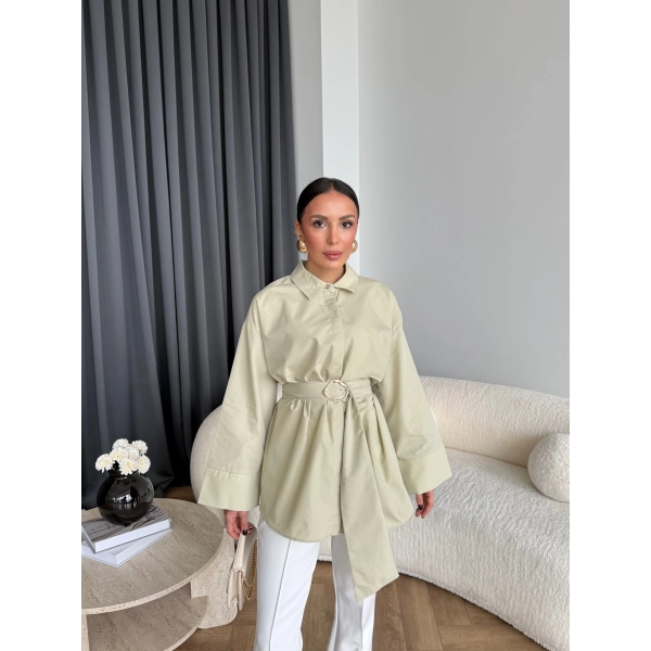 Hen - Noble Kuşaklı Gömlek - Fıstık Yeşili