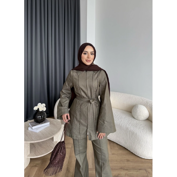 Fuş - Taş Detaylı Fermuarlı Pantolonlu Takım - Haki