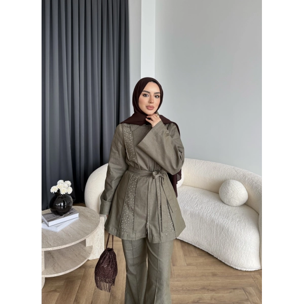 Fuş - Taş Detaylı Fermuarlı Pantolonlu Takım - Haki