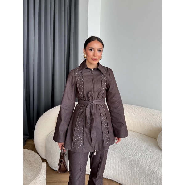 Fuş - Taş Detaylı Fermuarlı Pantolonlu Takım - Kahverengi