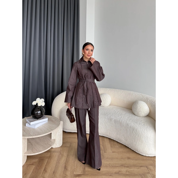 Fuş - Taş Detaylı Fermuarlı Pantolonlu Takım - Kahverengi
