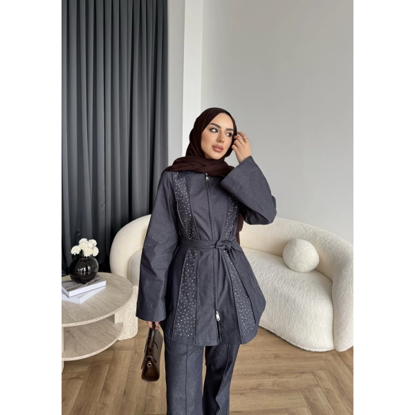 Fuş - Taş Detaylı Fermuarlı Pantolonlu Takım - Lacivert