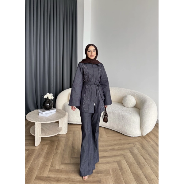 Fuş - Taş Detaylı Fermuarlı Pantolonlu Takım - Lacivert