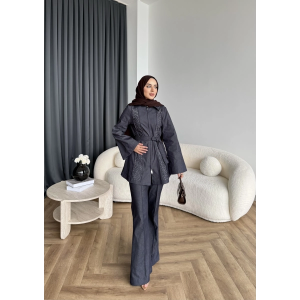 Fuş - Taş Detaylı Fermuarlı Pantolonlu Takım - Lacivert