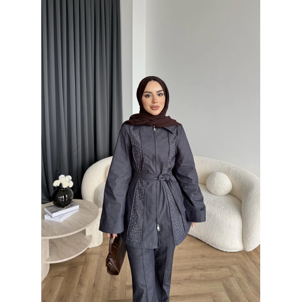 Fuş - Taş Detaylı Fermuarlı Pantolonlu Takım - Lacivert