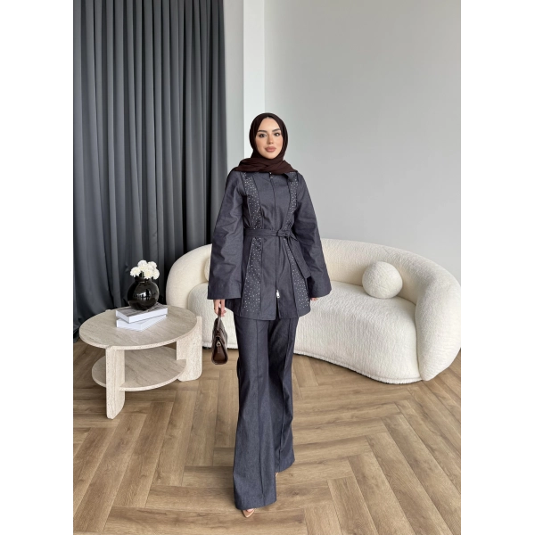 Fuş - Taş Detaylı Fermuarlı Pantolonlu Takım - Lacivert