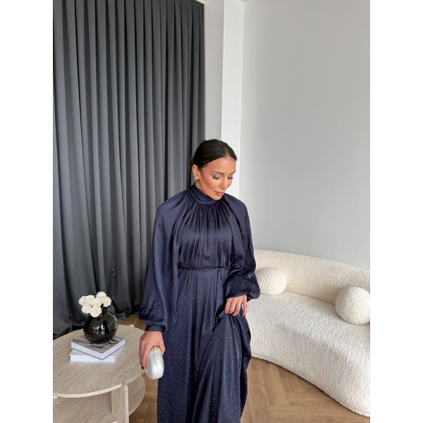 Hew - Gasto Taşlı Saten Elbise - Lacivert