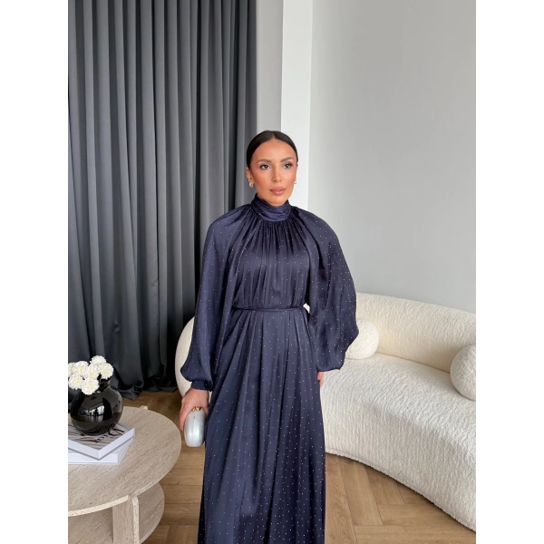 Hew - Gasto Taşlı Saten Elbise - Lacivert
