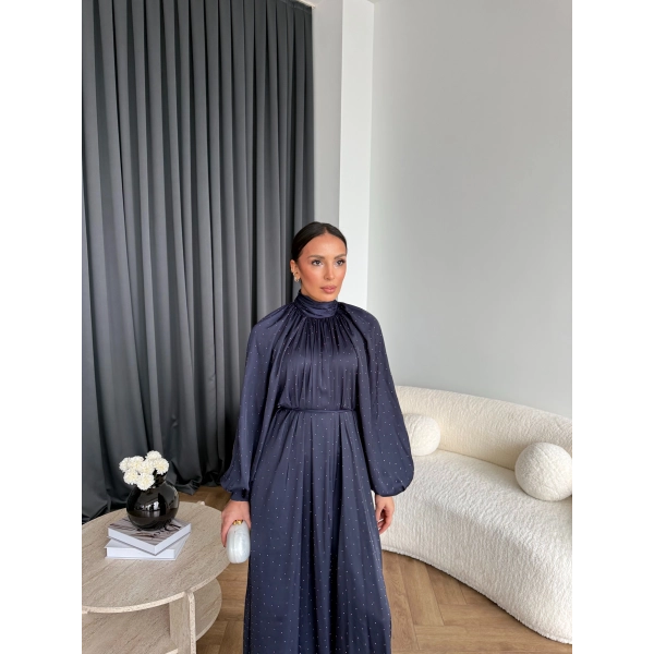 Hew - Gasto Taşlı Saten Elbise - Lacivert
