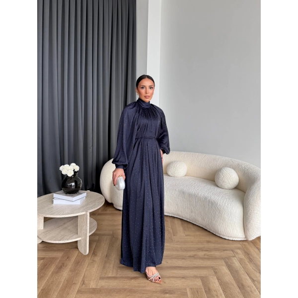 Hew - Gasto Taşlı Saten Elbise - Lacivert