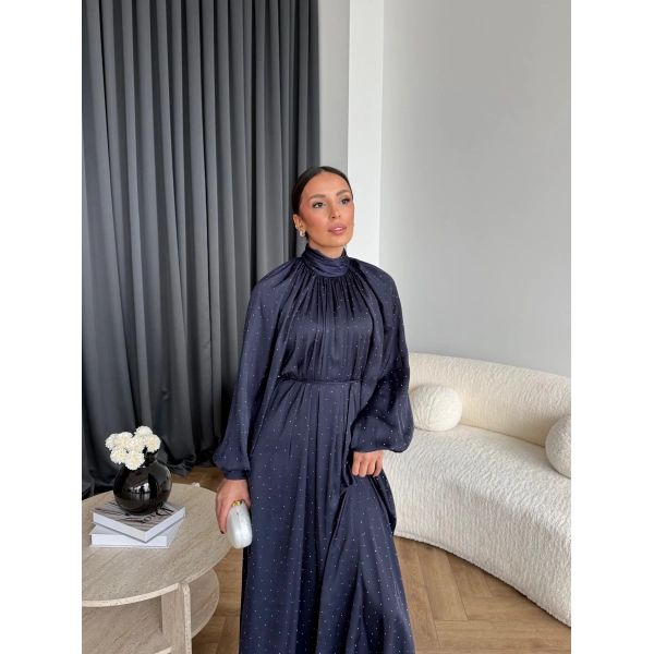 Hew - Gasto Taşlı Saten Elbise - Lacivert