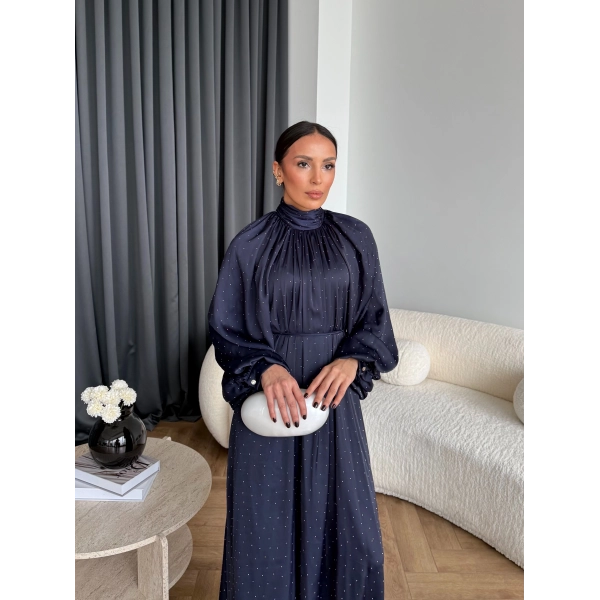 Hew - Gasto Taşlı Saten Elbise - Lacivert