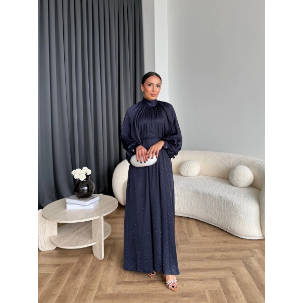 Hew - Gasto Taşlı Saten Elbise - Lacivert