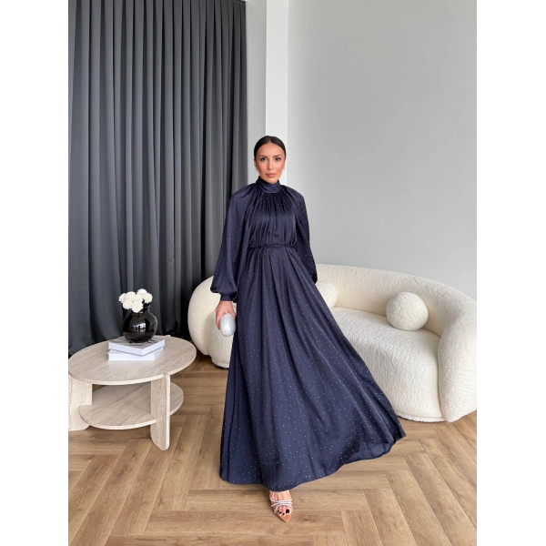 Hew - Gasto Taşlı Saten Elbise - Lacivert