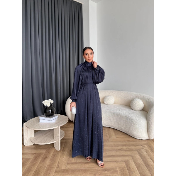 Hew - Gasto Taşlı Saten Elbise - Lacivert