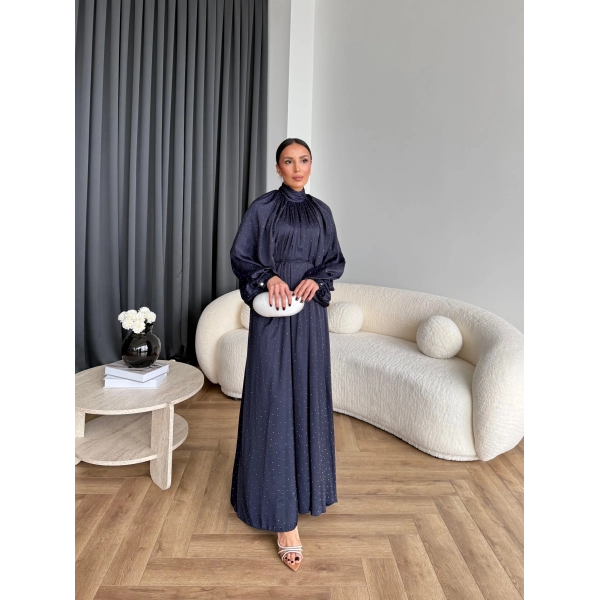 Hew - Gasto Taşlı Saten Elbise - Lacivert