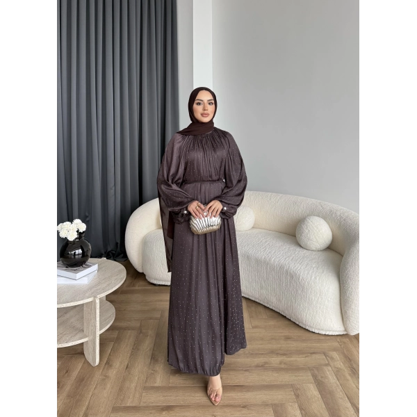 Hew - Gasto Taşlı Saten Elbise - Kahve