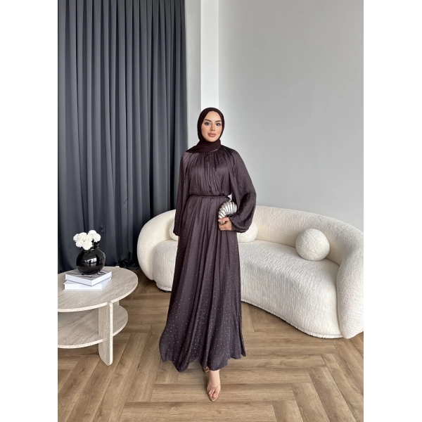 Hew - Gasto Taşlı Saten Elbise - Kahve