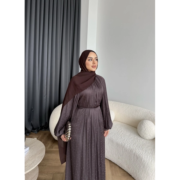 Hew - Gasto Taşlı Saten Elbise - Kahve