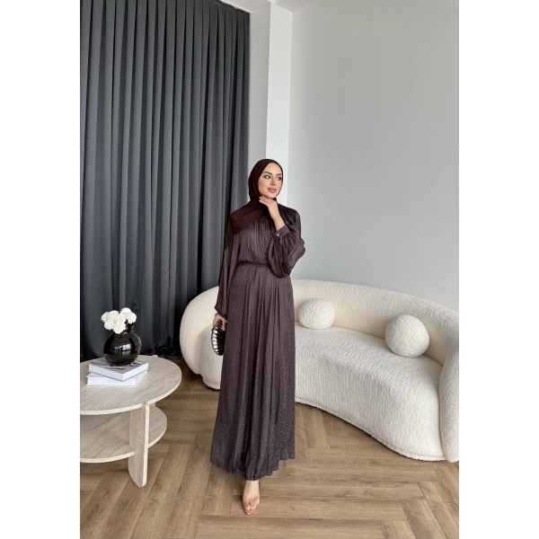 Hew - Gasto Taşlı Saten Elbise - Kahve