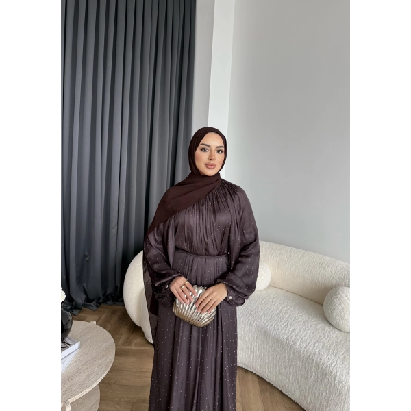 Hew - Gasto Taşlı Saten Elbise - Kahve