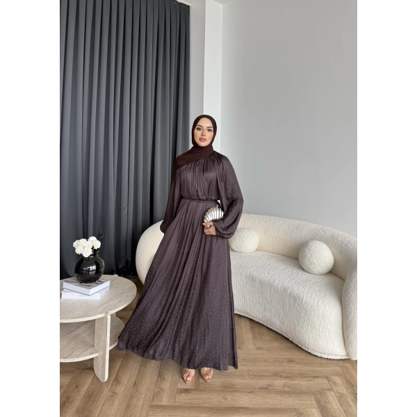 Hew - Gasto Taşlı Saten Elbise - Kahve