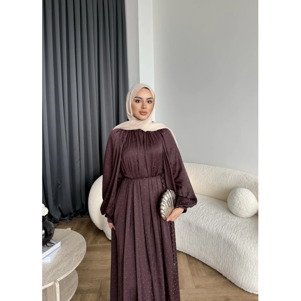 Hew - Gasto Taşlı Saten Elbise - Bordo