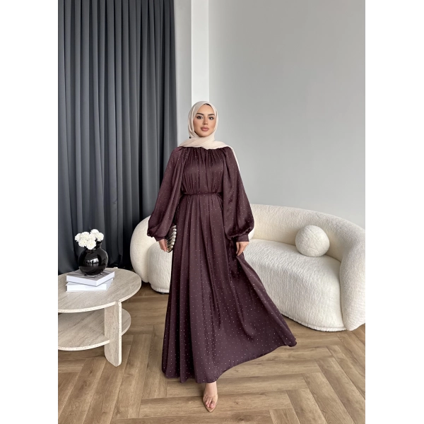 Hew - Gasto Taşlı Saten Elbise - Bordo