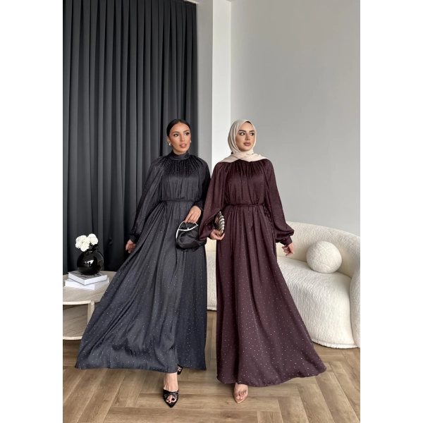 Hew - Gasto Taşlı Saten Elbise - Bordo