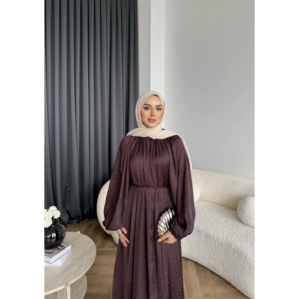 Hew - Gasto Taşlı Saten Elbise - Bordo