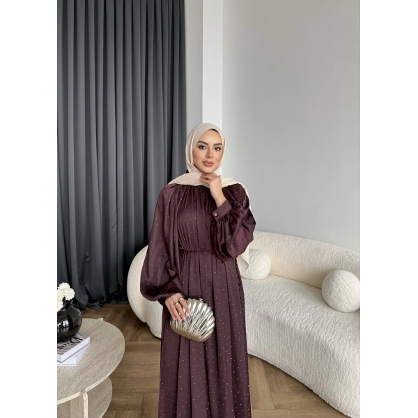 Hew - Gasto Taşlı Saten Elbise - Bordo