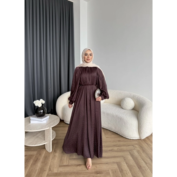 Hew - Gasto Taşlı Saten Elbise - Bordo