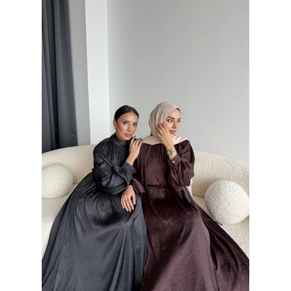 Hew - Gasto Taşlı Saten Elbise - Bordo