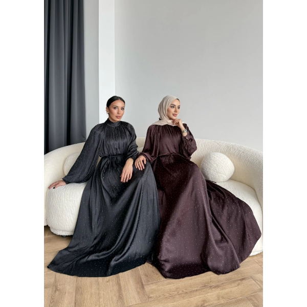 Hew - Gasto Taşlı Saten Elbise - Bordo