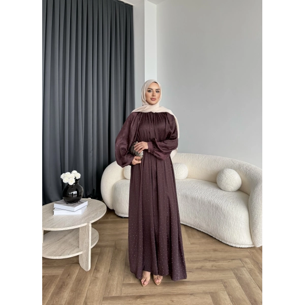 Hew - Gasto Taşlı Saten Elbise - Bordo