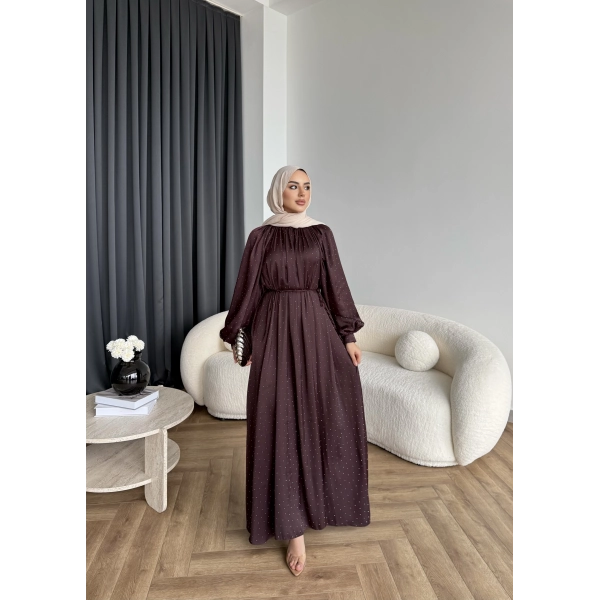 Hew - Gasto Taşlı Saten Elbise - Bordo