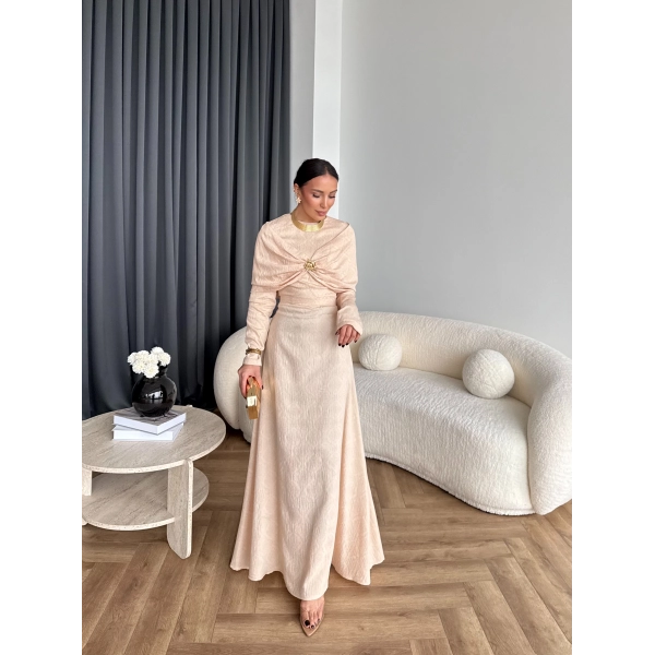 Fuş - Orchid Şal Detaylı Broşlu Elbise - Krem