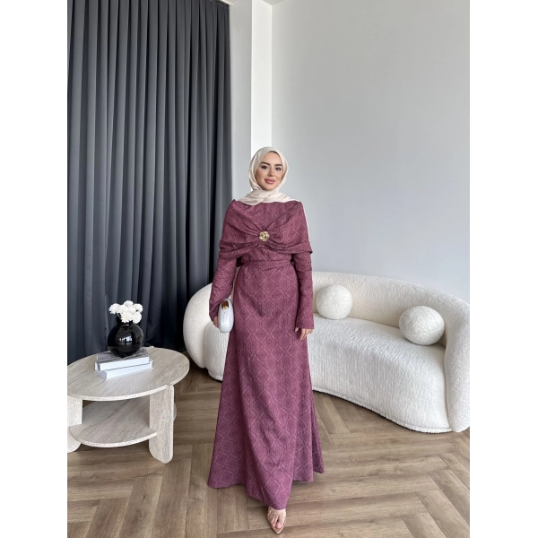Fuş - Orchid Şal Detaylı Broşlu Elbise - Bordo