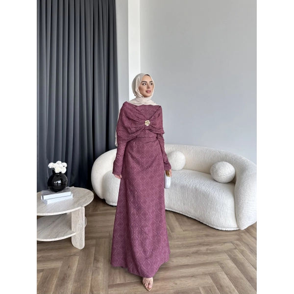 Fuş - Orchid Şal Detaylı Broşlu Elbise - Bordo