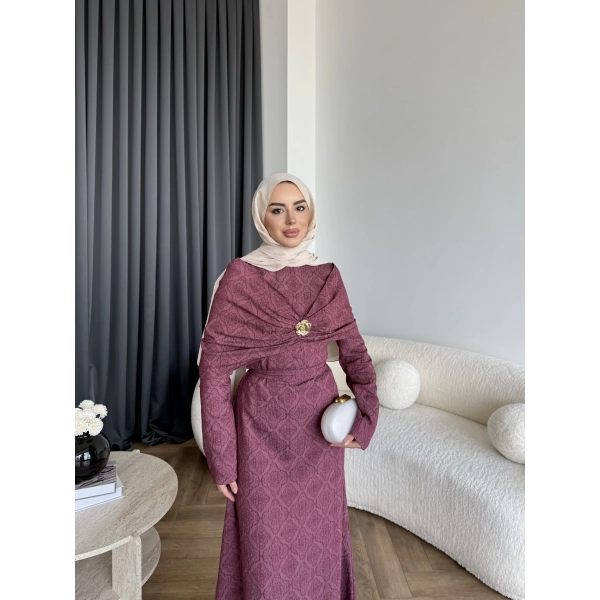 Fuş - Orchid Şal Detaylı Broşlu Elbise - Bordo