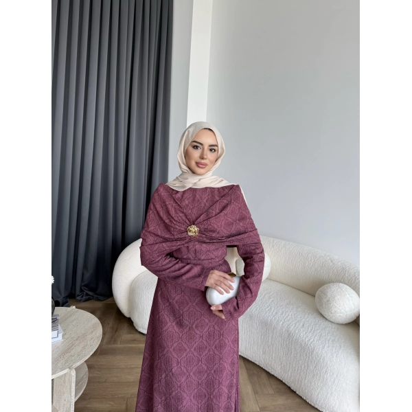 Fuş - Orchid Şal Detaylı Broşlu Elbise - Bordo