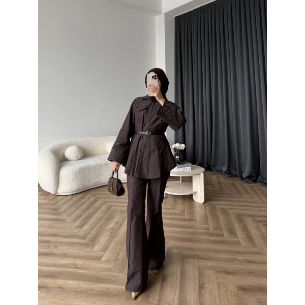 Tb - Stew Taş Detay Denim Takım - Kahve