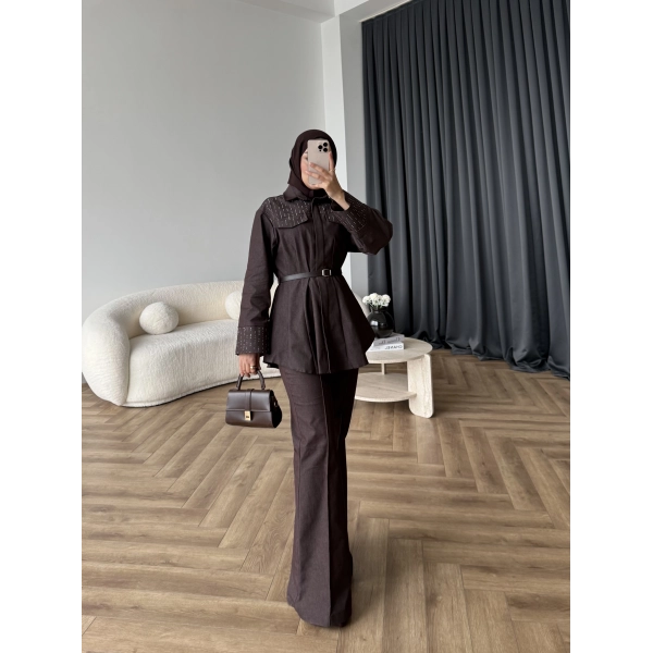 Tb - Stew Taş Detay Denim Takım - Kahve