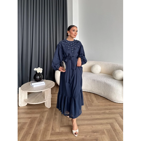 Fuş - Evelia Çiçekli Taşlı Elbise - Lacivert