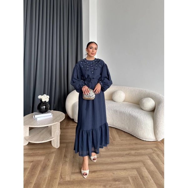 Fuş - Evelia Çiçekli Taşlı Elbise - Lacivert