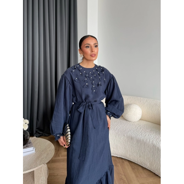 Fuş - Evelia Çiçekli Taşlı Elbise - Lacivert