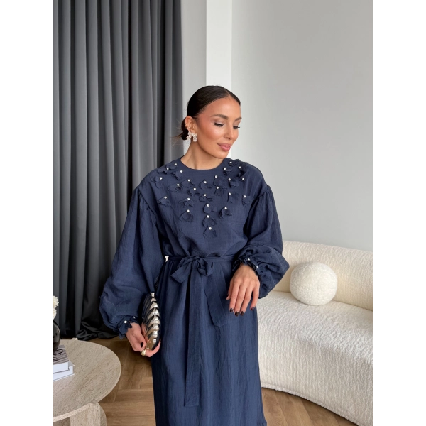 Fuş - Evelia Çiçekli Taşlı Elbise - Lacivert